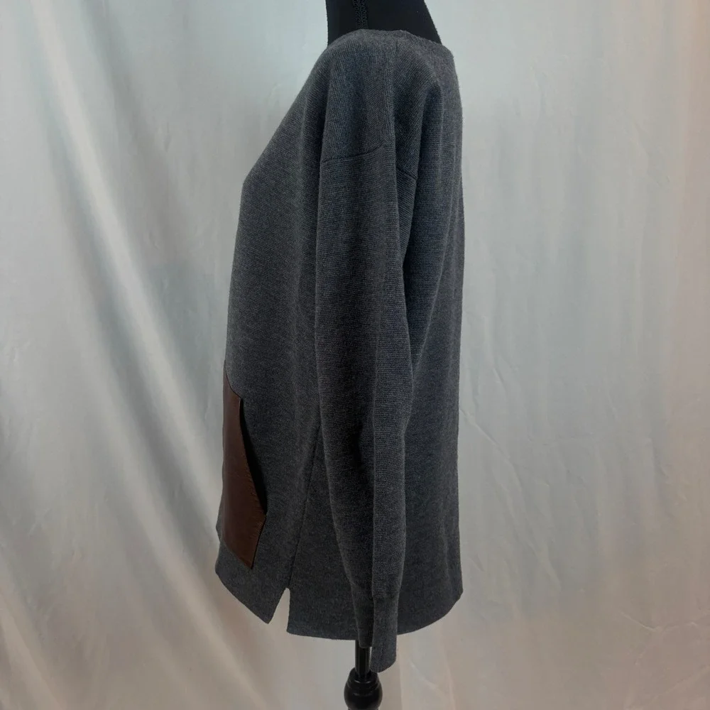 J. Crew Womens Merino Wool Leather Pocket Sweater Gray Pullover Size Medium